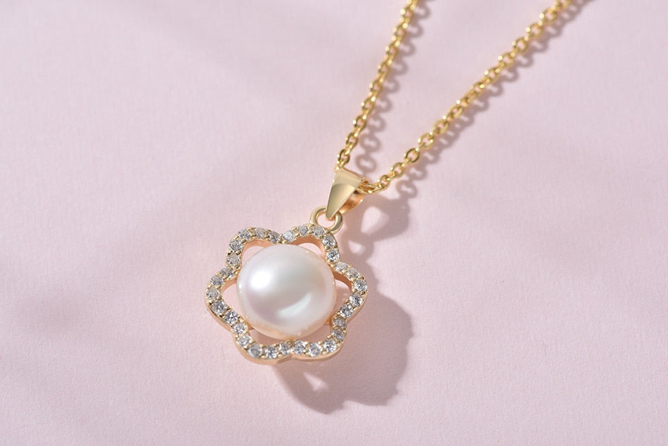 Pearl White Natural Freshwater 8-9mm Silver Gold Plated Flower Zirconia Pendants Necklaces