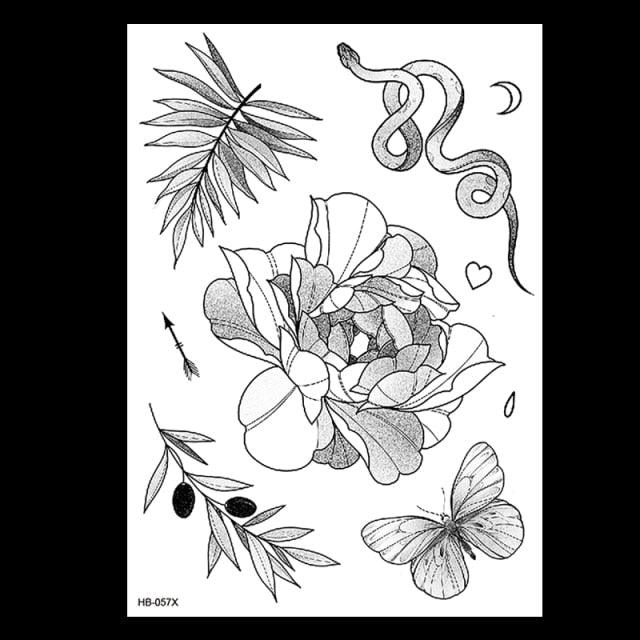 49 Sheets Waterproof Temporary Black Sketches Flowers Tattoo Stickers Flower Rose Tattoos For Women Adults