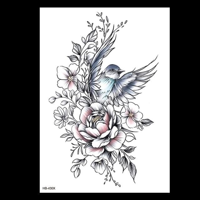 49 Sheets Waterproof Temporary Black Sketches Flowers Tattoo Stickers Flower Rose Tattoos For Women Adults