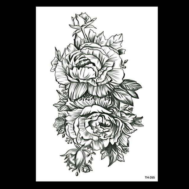 49 Sheets Waterproof Temporary Black Sketches Flowers Tattoo Stickers Flower Rose Tattoos For Women Adults