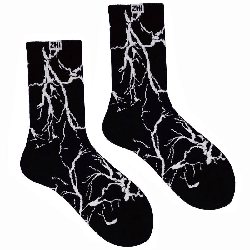 Marble Print Style Harajuku Skateboard Long Socks Creative Fun Lightning Hip Hop Style Socks Streetwear Casual Cotton Socks Unisex Street Couple Socks For Men And Women