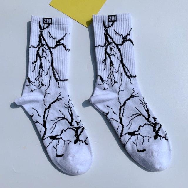 Marble Print Style Harajuku Skateboard Long Socks Creative Fun Lightning Hip Hop Style Socks Streetwear Casual Cotton Socks Unisex Street Couple Socks For Men And Women