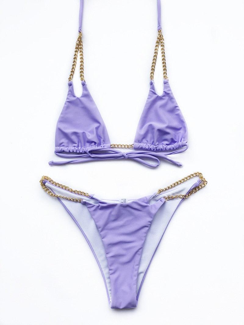 Mini Bikini Tie Dye Swimwear Women Metal Chain Patchwork Bathing suit Triangle Bikinis Women&