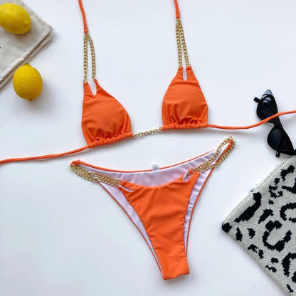 Mini Bikini Tie Dye Swimwear Women Metal Chain Patchwork Bathing suit Triangle Bikinis Women&