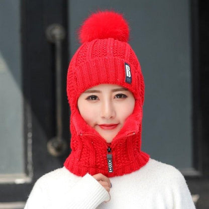 Coral Fleece Winter Women Knitted Hats Add Fur Warm Winter Hats For Women With Zipper Keep Face Warmer Balaclava Pompoms Cap Balaclava Gorgas Bonnet Knitted Hat Windproof Ski Mask Cold Weather Face Mask Motorcycle Balaclava Hood Warmer Winter Sports Cap