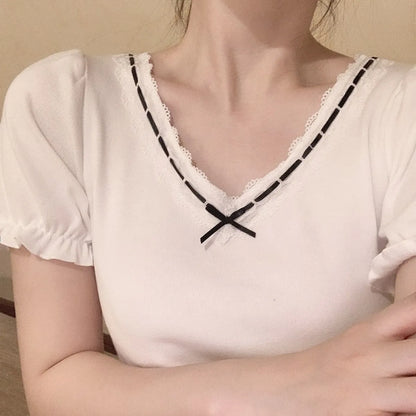 Ribbon Lace Trim Puff Sleeve T-Shirt