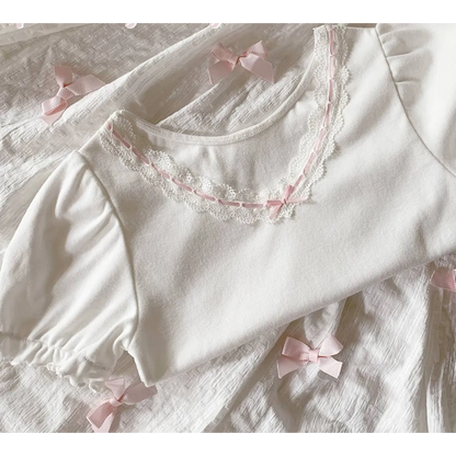 Ribbon Lace Trim Puff Sleeve T-Shirt