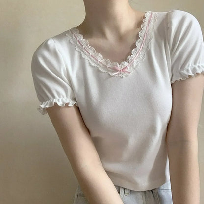 Ribbon Lace Trim Puff Sleeve T-Shirt