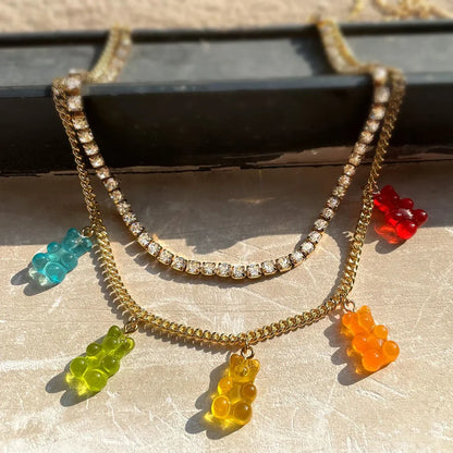 Punk Gummy Bear Crystal Choker - Colorful Metal Multi-layer Necklace