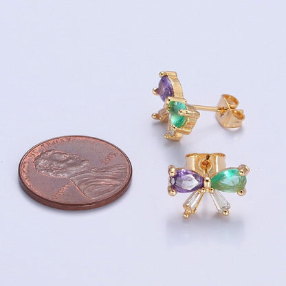 Purple Green CZ Bow Stud Earring Gold Ribbon Earring T-522