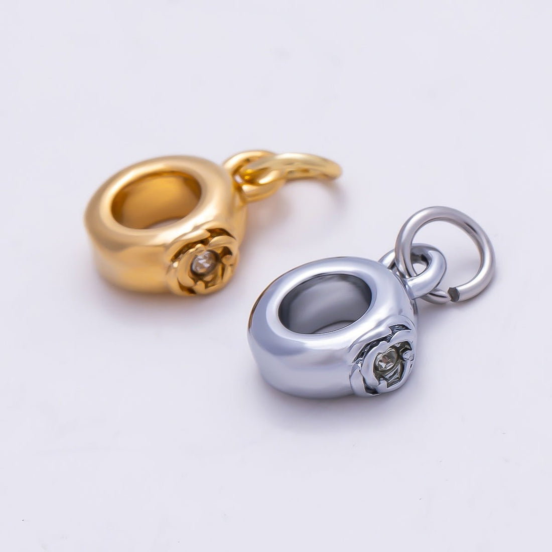 PVD Gold Stainless Steel 11mm CZ Rose Flower Drop Rondelle Charm Finding in Gold &amp; Silver | Charms-01344 Charms-01345
