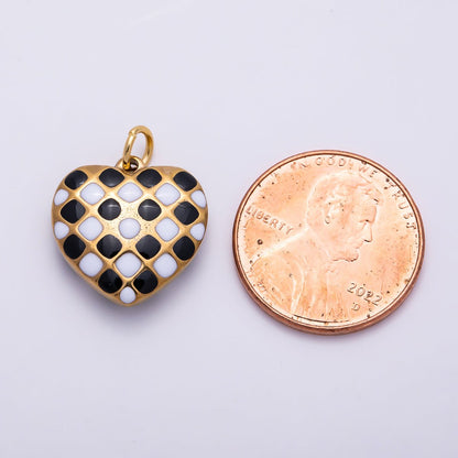 PVD Gold Stainless Steel 16mm Black &amp; White Checkered Enamel Heart Charm | Charms-01428