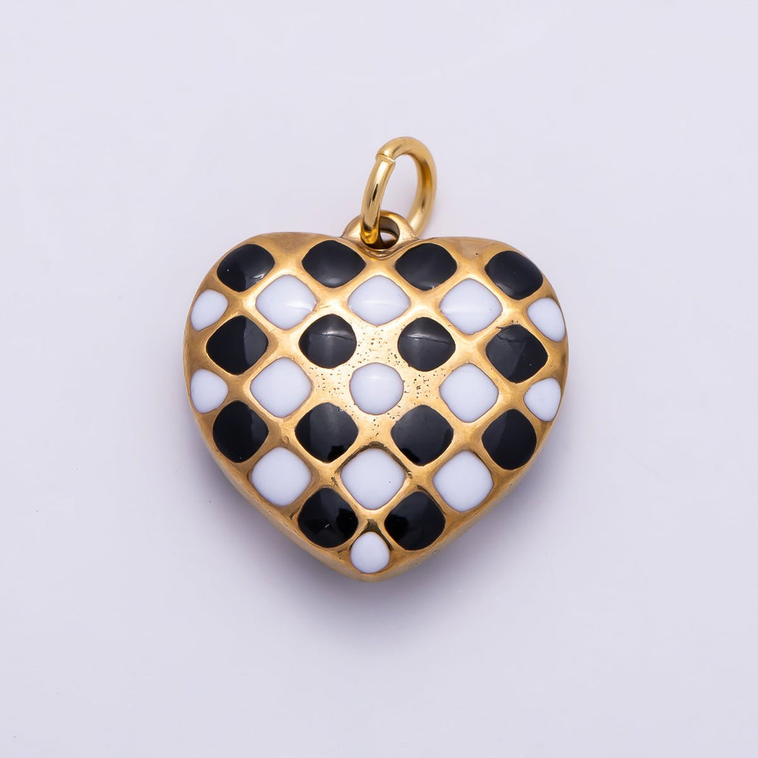 PVD Gold Stainless Steel 16mm Black &amp; White Checkered Enamel Heart Charm | Charms-01428