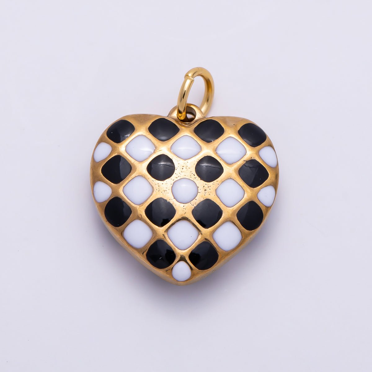 PVD Gold Stainless Steel 16mm Black &amp; White Checkered Enamel Heart Charm | Charms-01428