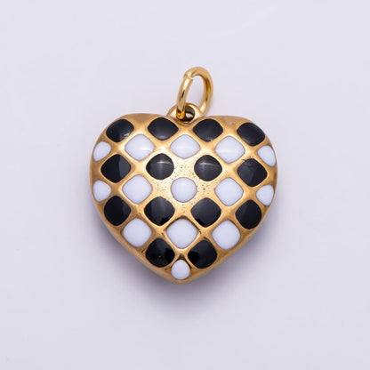 PVD Gold Stainless Steel 16mm Black &amp; White Checkered Enamel Heart Charm | Charms-01428
