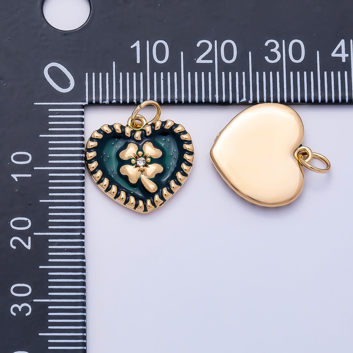 PVD Gold Stainless Steel 16mm Clear CZ Green Enamel Clover Heart Charm | Charms-01327