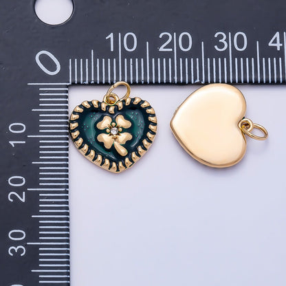 PVD Gold Stainless Steel 16mm Clear CZ Green Enamel Clover Heart Charm | Charms-01327