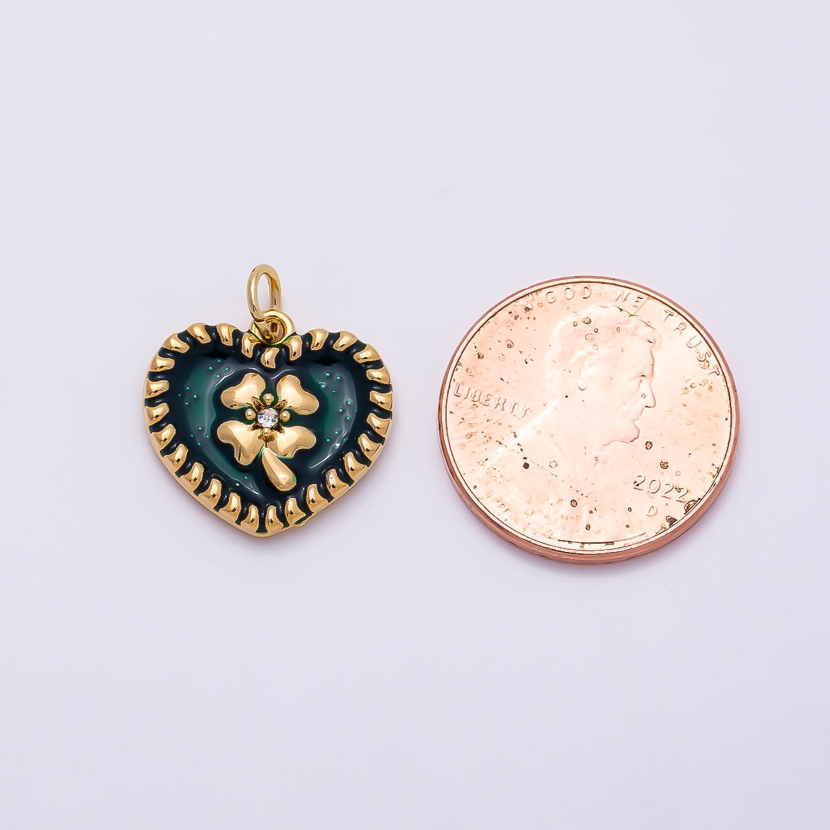PVD Gold Stainless Steel 16mm Clear CZ Green Enamel Clover Heart Charm | Charms-01327