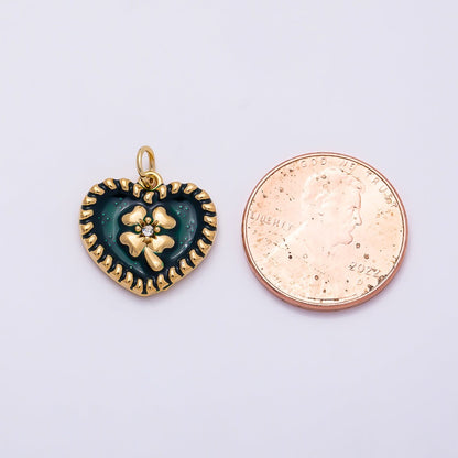 PVD Gold Stainless Steel 16mm Clear CZ Green Enamel Clover Heart Charm | Charms-01327
