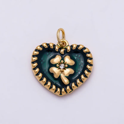 PVD Gold Stainless Steel 16mm Clear CZ Green Enamel Clover Heart Charm | Charms-01327
