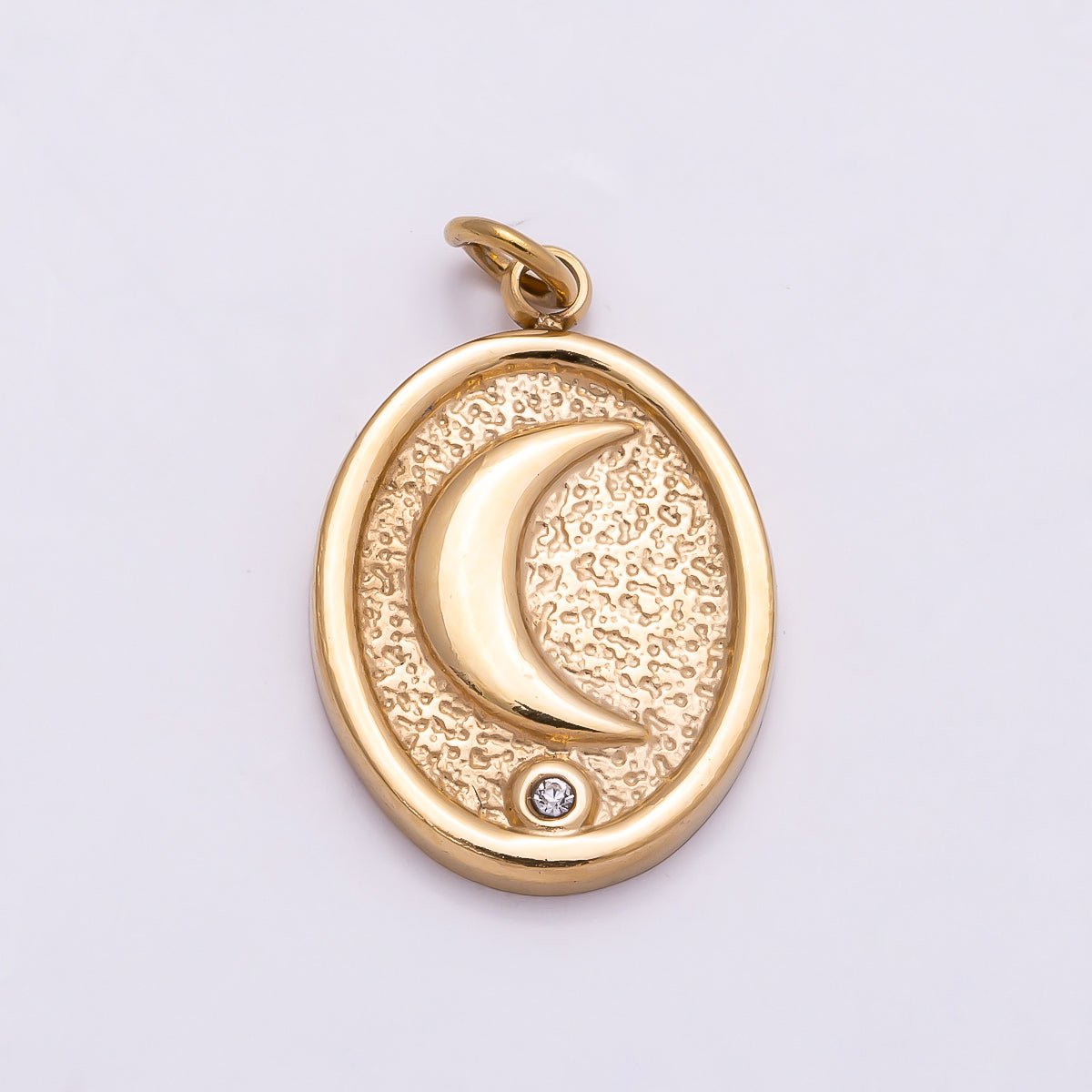 PVD Gold Stainless Steel 18mm Clear CZ Celestial Moon Textured Oval Charm | Charms-01027