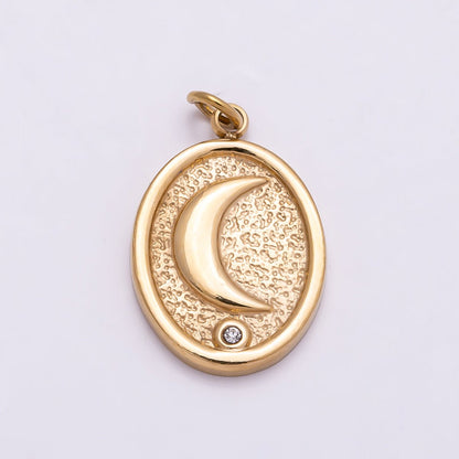 PVD Gold Stainless Steel 18mm Clear CZ Celestial Moon Textured Oval Charm | Charms-01027
