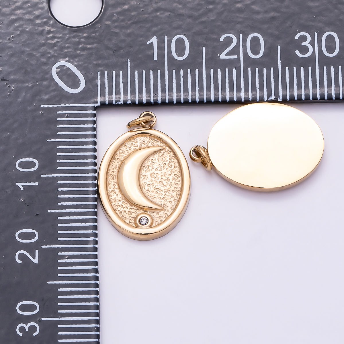 PVD Gold Stainless Steel 18mm Clear CZ Celestial Moon Textured Oval Charm | Charms-01027