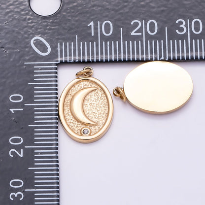 PVD Gold Stainless Steel 18mm Clear CZ Celestial Moon Textured Oval Charm | Charms-01027