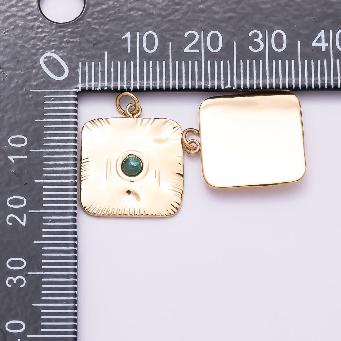 PVD Gold Stainless Steel 18mm Green Aventurine Textured Square Charm | Charms-01022