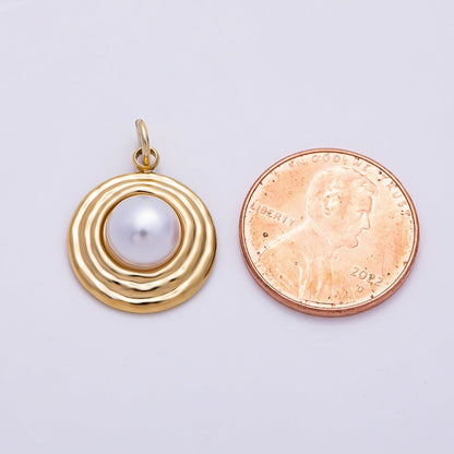 PVD Gold Stainless Steel 18mm White Shell Pearl Ribbed Round Charm | Charms-01439