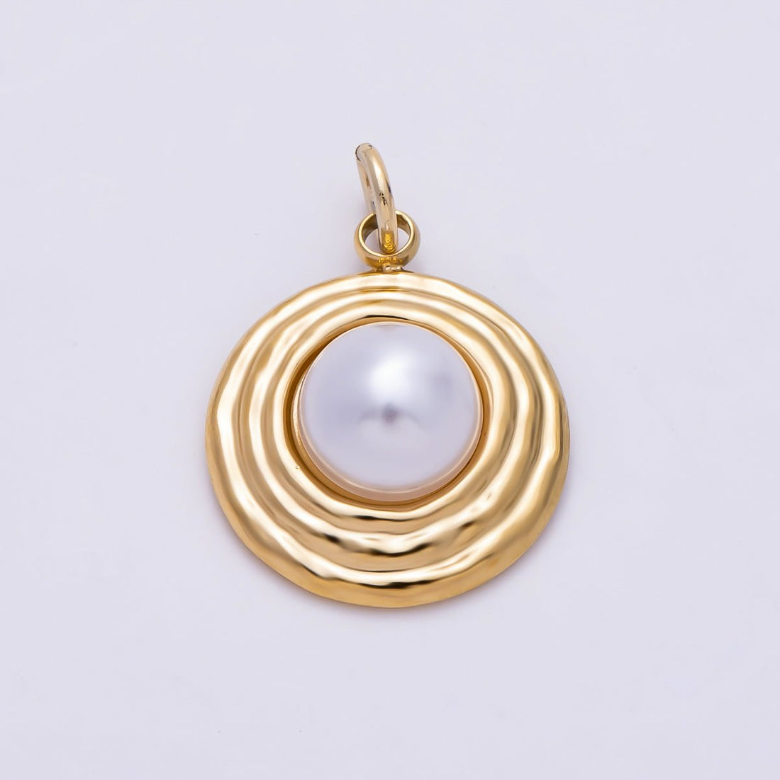 PVD Gold Stainless Steel 18mm White Shell Pearl Ribbed Round Charm | Charms-01439