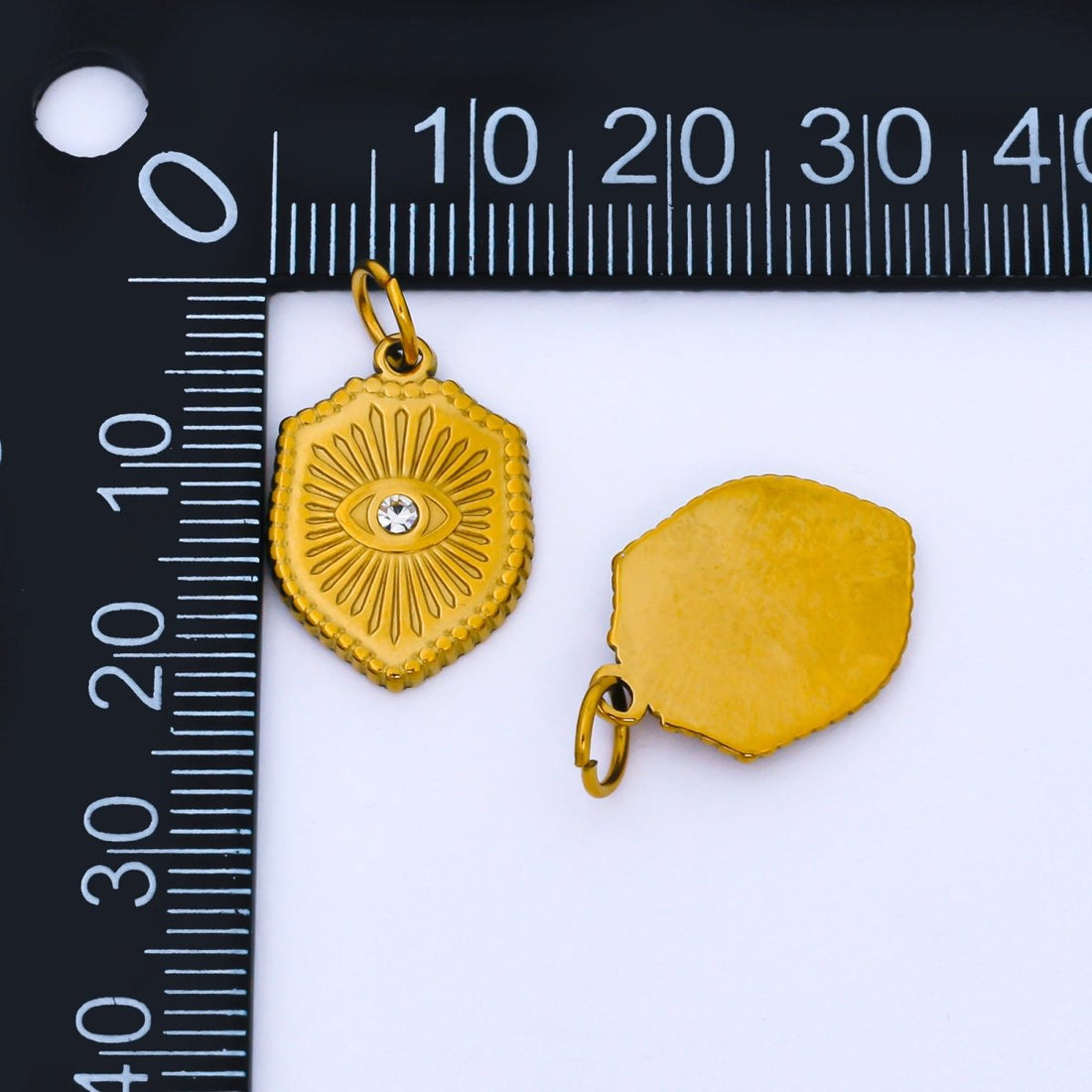 PVD Gold Stainless Steel 19mm Clear CZ Evil Eye Shield Charm | J632