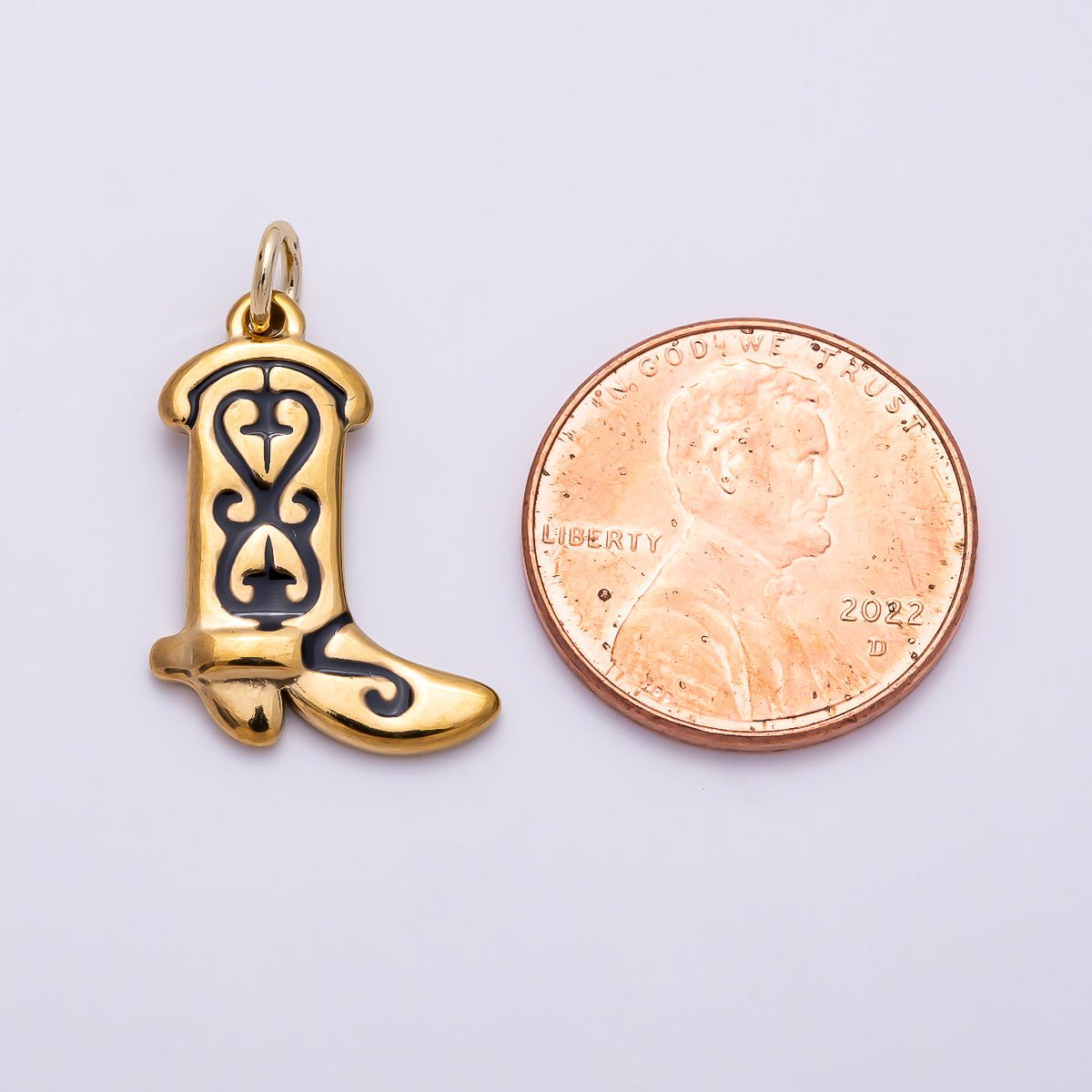PVD Gold Stainless Steel 20mm Black Enamel Artisan Cowboy Boot Charm | Charms-01443
