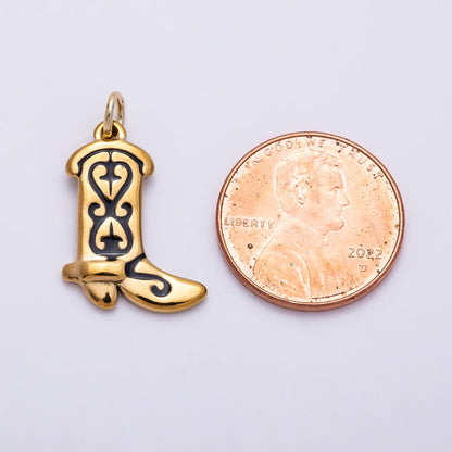 PVD Gold Stainless Steel 20mm Black Enamel Artisan Cowboy Boot Charm | Charms-01443