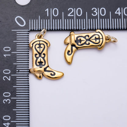 PVD Gold Stainless Steel 20mm Black Enamel Artisan Cowboy Boot Charm | Charms-01443