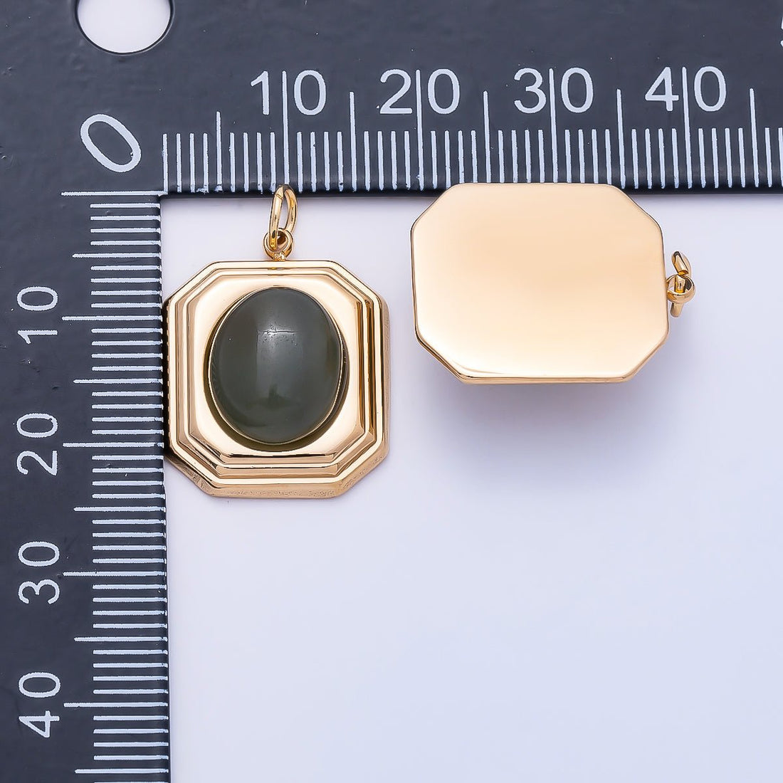 PVD Gold Stainless Steel 20mm Green Aventurine Cabochon Bezel Hexagon Charm | Charms-01331