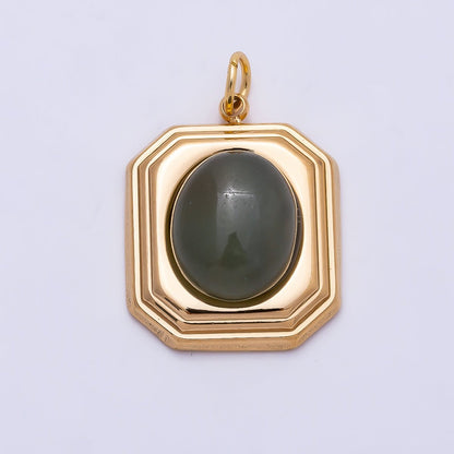 PVD Gold Stainless Steel 20mm Green Aventurine Cabochon Bezel Hexagon Charm | Charms-01331