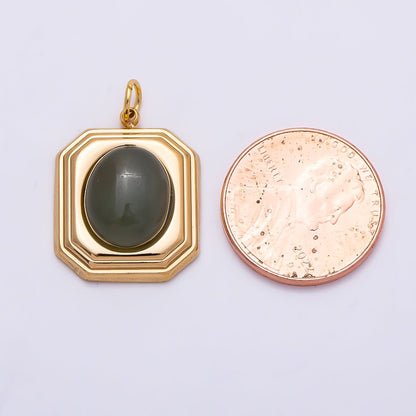 PVD Gold Stainless Steel 20mm Green Aventurine Cabochon Bezel Hexagon Charm | Charms-01331