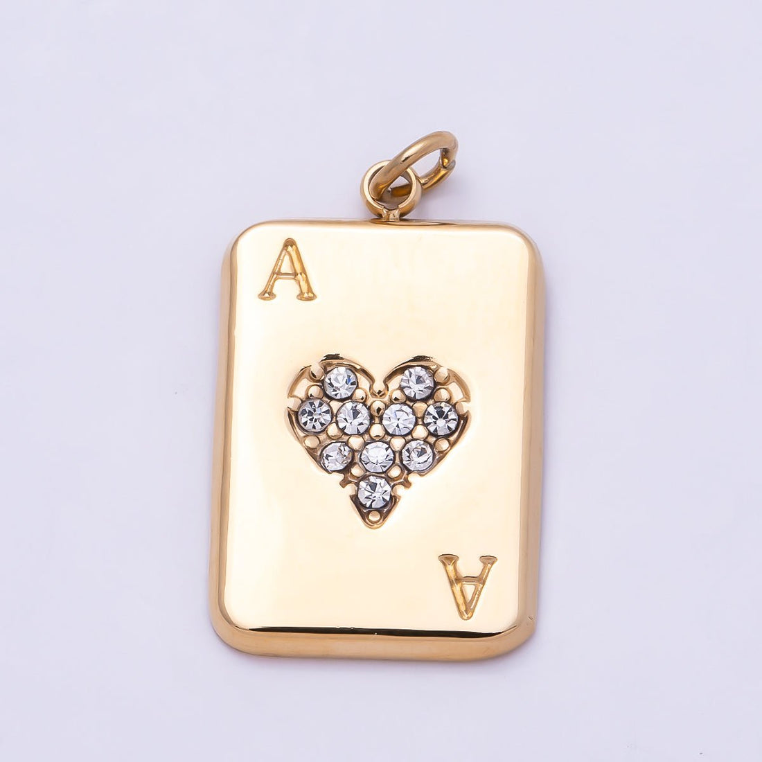 PVD Gold Stainless Steel 20mm Micro Paved CZ Ace of Heart Card Game Charm | Charms-01028