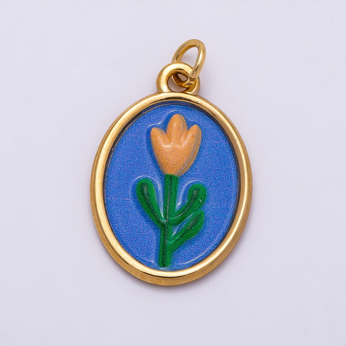 PVD Gold Stainless Steel 22mm Blue Enamel Tulip Flower Oval Charm | Charms-01343
