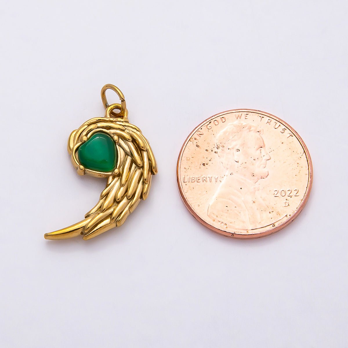 PVD Gold Stainless Steel 22mm Green, Red Heart Curved Angel Wing Charm | Charms-00808 Charms-01125