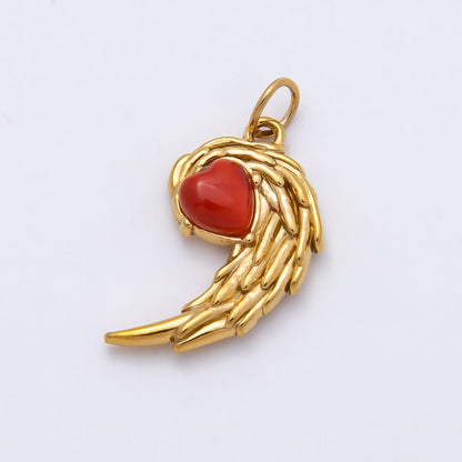 PVD Gold Stainless Steel 22mm Green, Red Heart Curved Angel Wing Charm | Charms-00808 Charms-01125