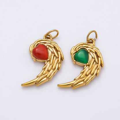 PVD Gold Stainless Steel 22mm Green, Red Heart Curved Angel Wing Charm | Charms-00808 Charms-01125