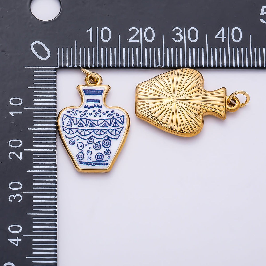 PVD Gold Stainless Steel 24mm Blue White Porcelain Artisan Ceramic Vase Charm | Charms-01330