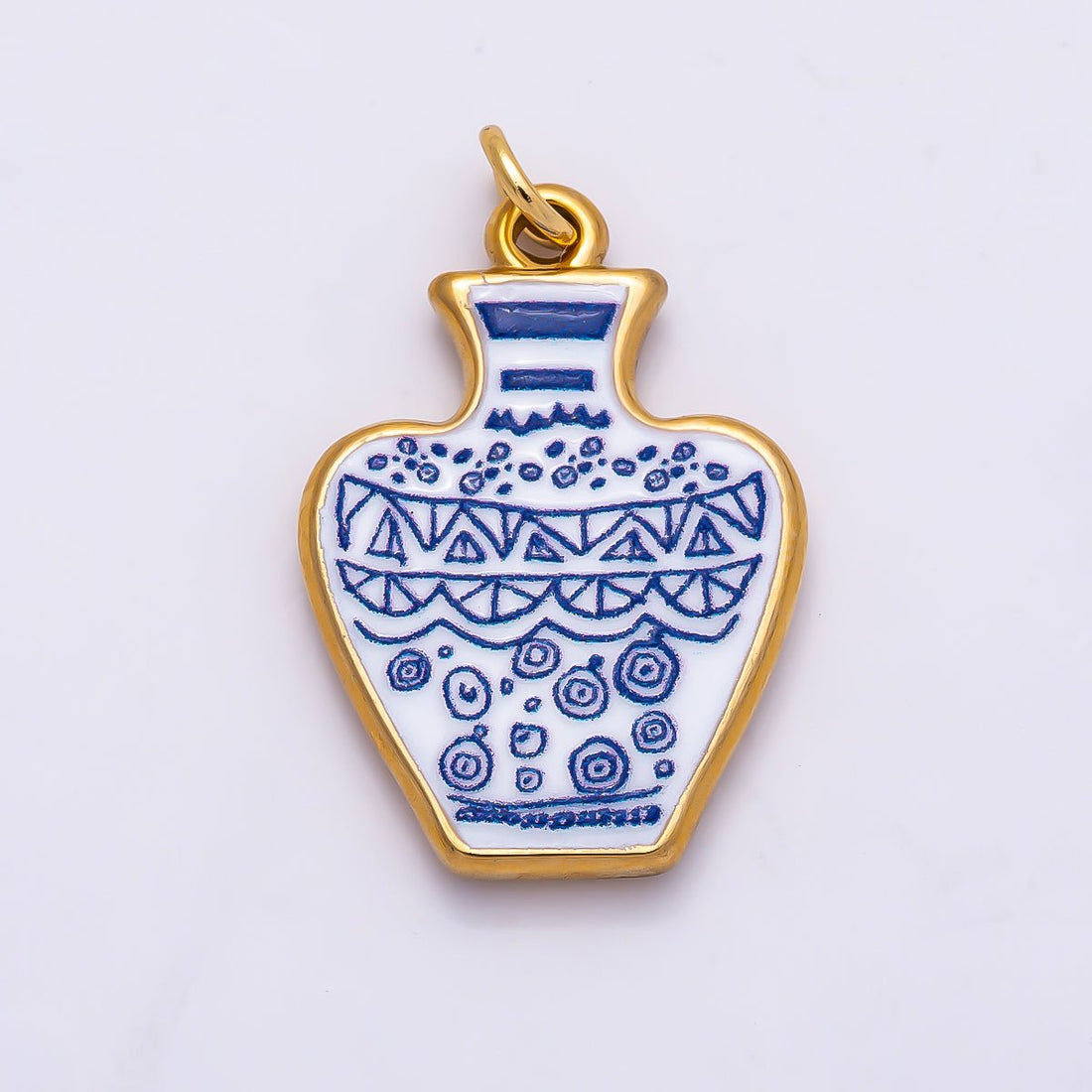 PVD Gold Stainless Steel 24mm Blue White Porcelain Artisan Ceramic Vase Charm | Charms-01330