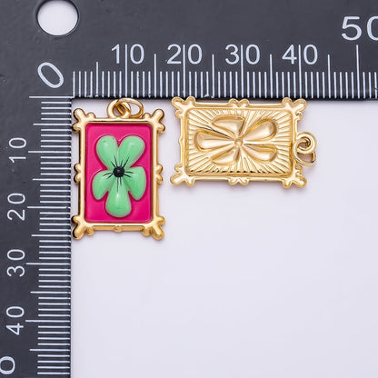 PVD Gold Stainless Steel 25mm Enamel Clover Flower Bezel Rectangle Charm | Charms-01325