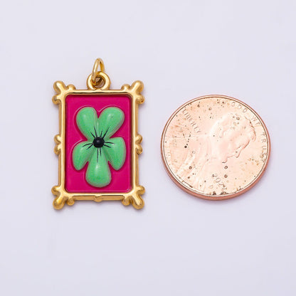 PVD Gold Stainless Steel 25mm Enamel Clover Flower Bezel Rectangle Charm | Charms-01325
