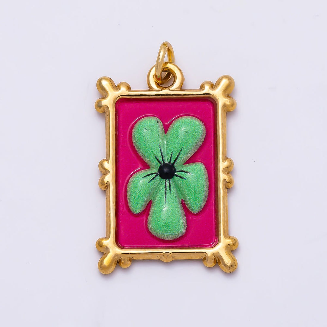 PVD Gold Stainless Steel 25mm Enamel Clover Flower Bezel Rectangle Charm | Charms-01325
