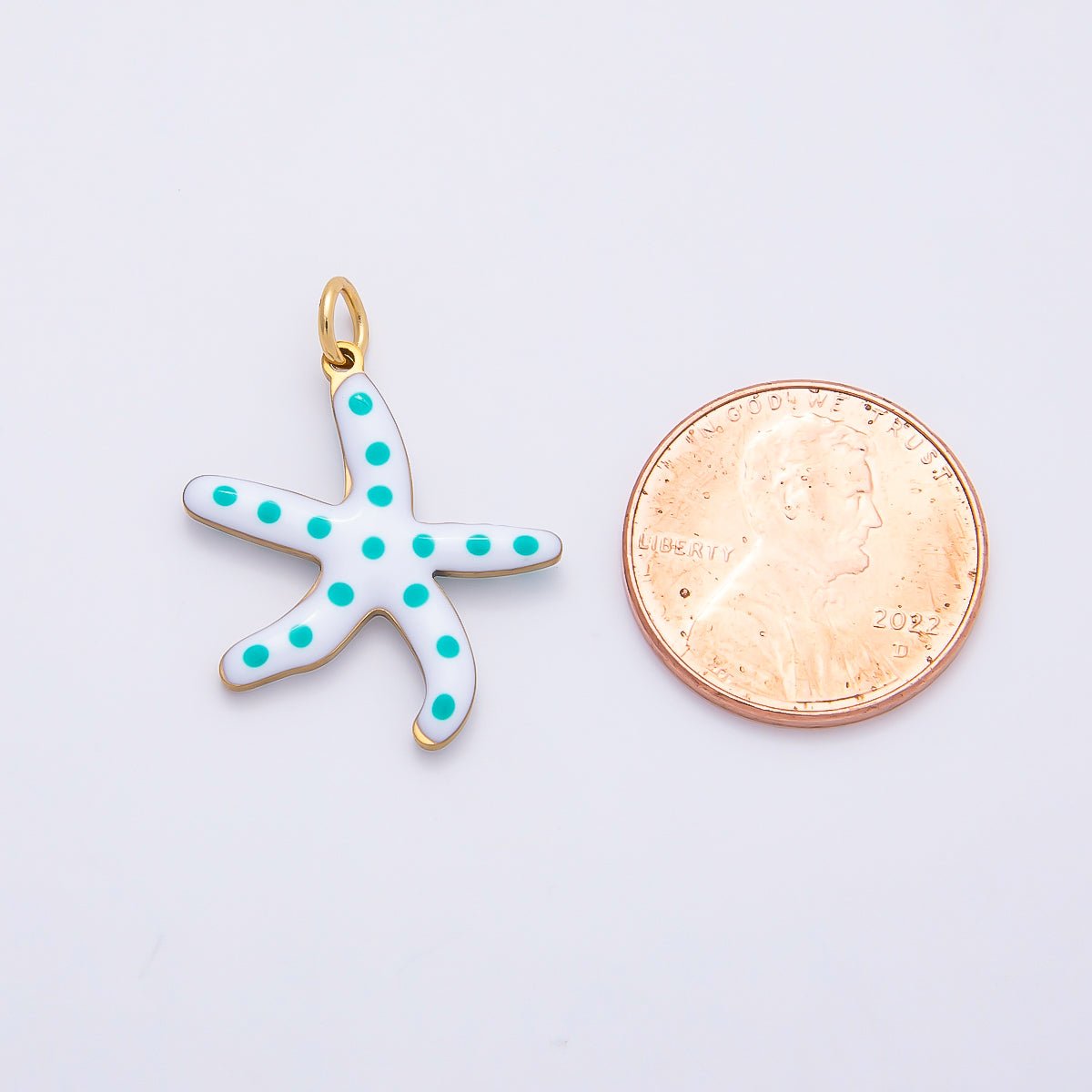PVD Gold Stainless Steel 26.5mm Blue Dotted White Enamel Starfish Charm | AF390