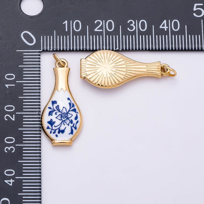 PVD Gold Stainless Steel 27mm Blue White Porcelain Ceramic Vase Charm | Charms-01329